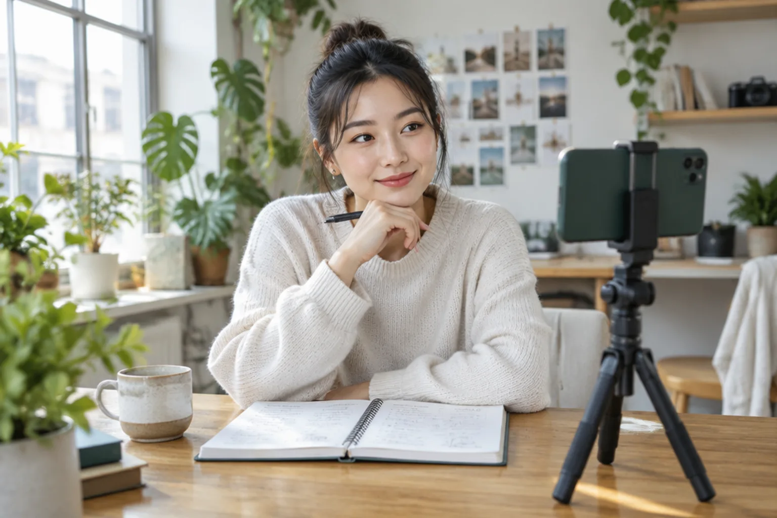A content manager planning posts in a bright creative studio