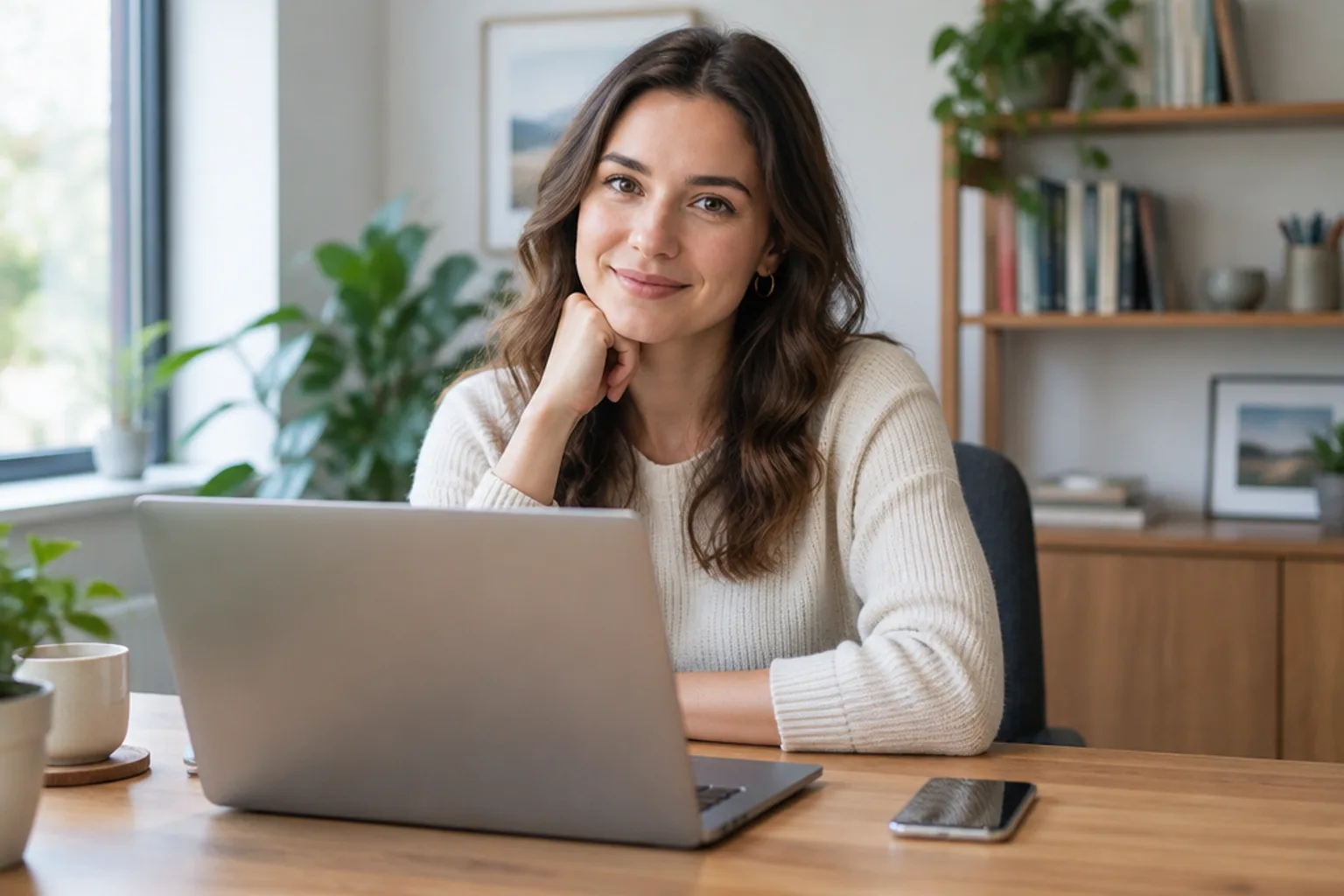 A communications manager working through an email inbox at a tidy desk