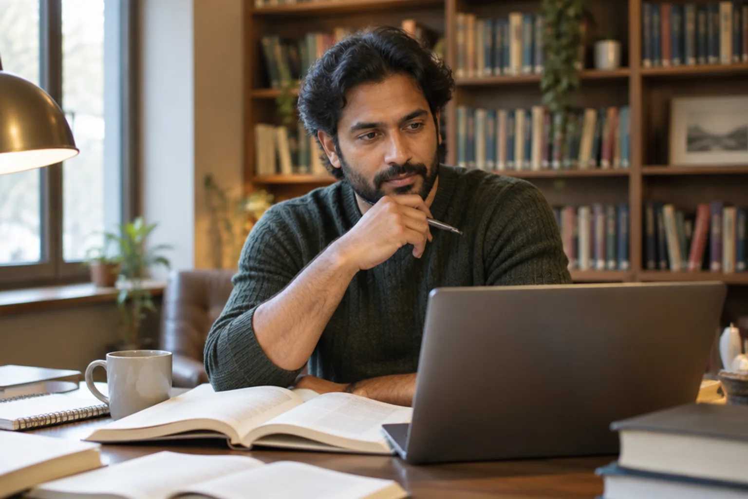 A research analyst working in a quiet library-style workspace
