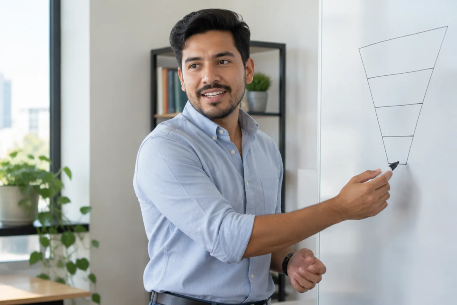 A sales manager sketching a sales funnel on a whiteboard